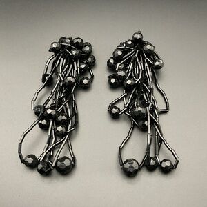 Vintage Black Cluster Bead Clip On Statement Dangle Earrings